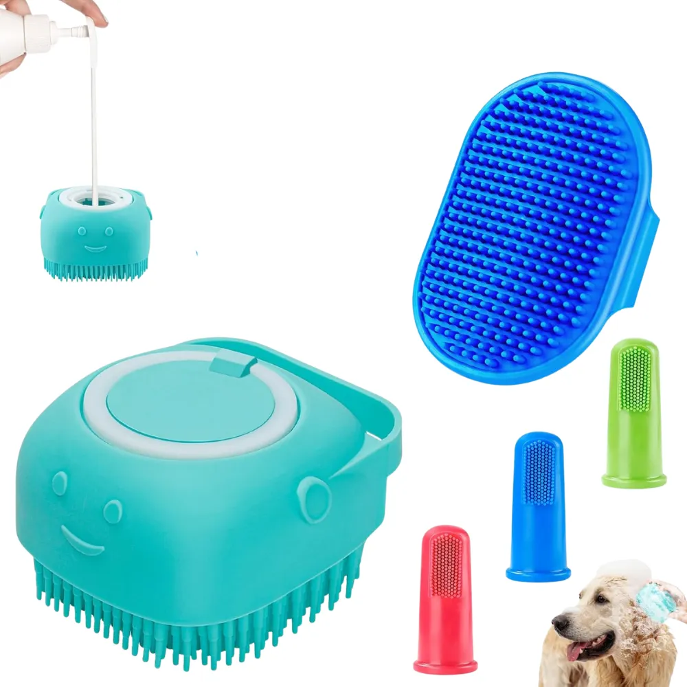 🐶Petwag Pet Bath Brush with Shampoo Dispenser | Soft Silicone Dog & Cat Grooming Scrubber | Adjustable Finger Toothbrush Set for Pet Cleaning & Massage